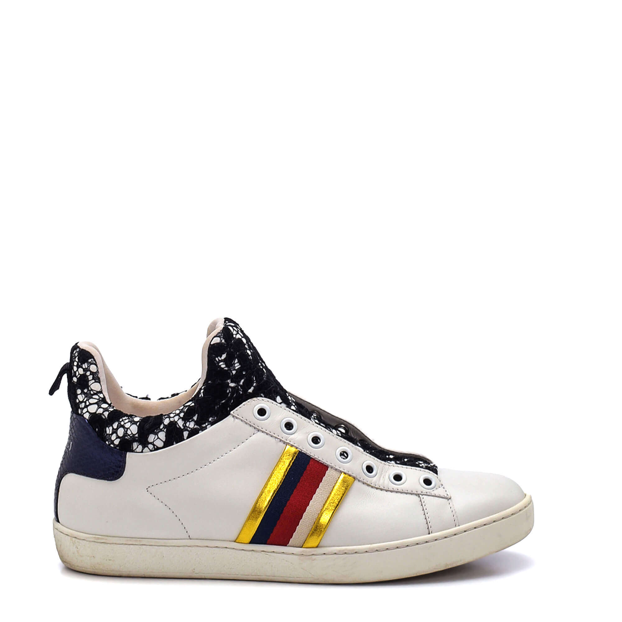 Gucci - White Leather and Lace Ace Web Detail Slip On Sneakers